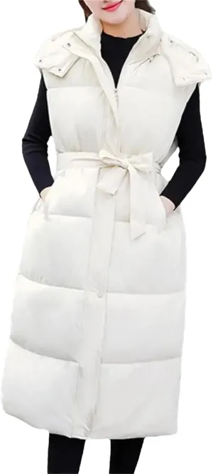 Women Autumn Winter Cotton Padded Vest Coat Long Down Waistcoat Windproof Hooded Warm Snow Outwear