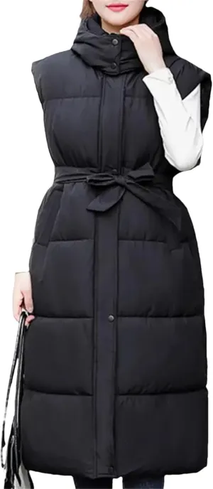 Women Autumn Winter Cotton Padded Vest Coat Long Down Waistcoat Windproof Hooded Warm Snow Outwear