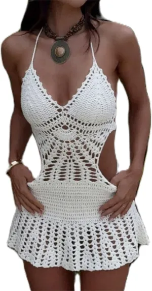 Women Backless Halter Mini Dress Casual Summer Knit Crochet Cutout Tie Back Bodycon Party Dress Beach Cover Up