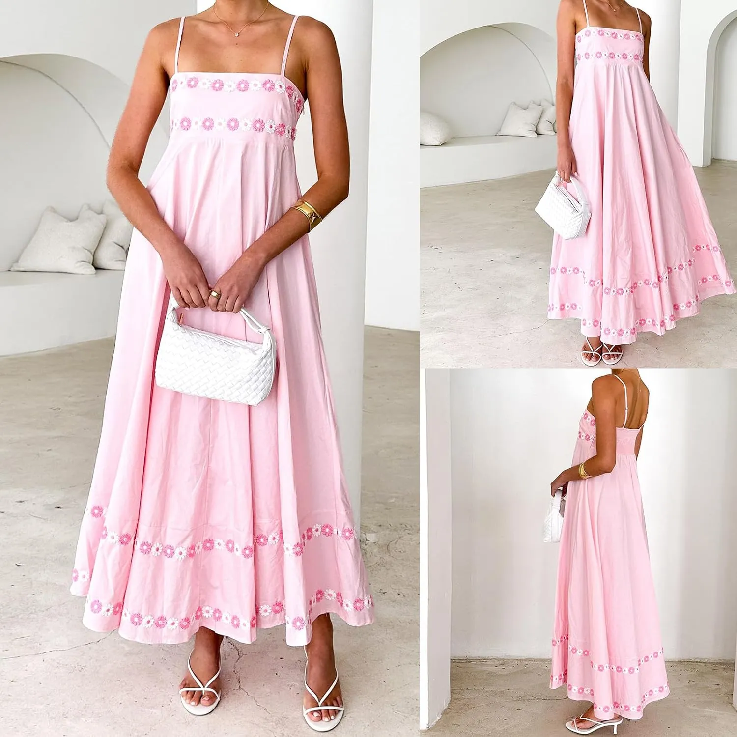 Women Boho Cami Long Dress Summer Y2k Spaghetti Strap Floral Dresses 3D Flower Backless A Line Beach Sundress