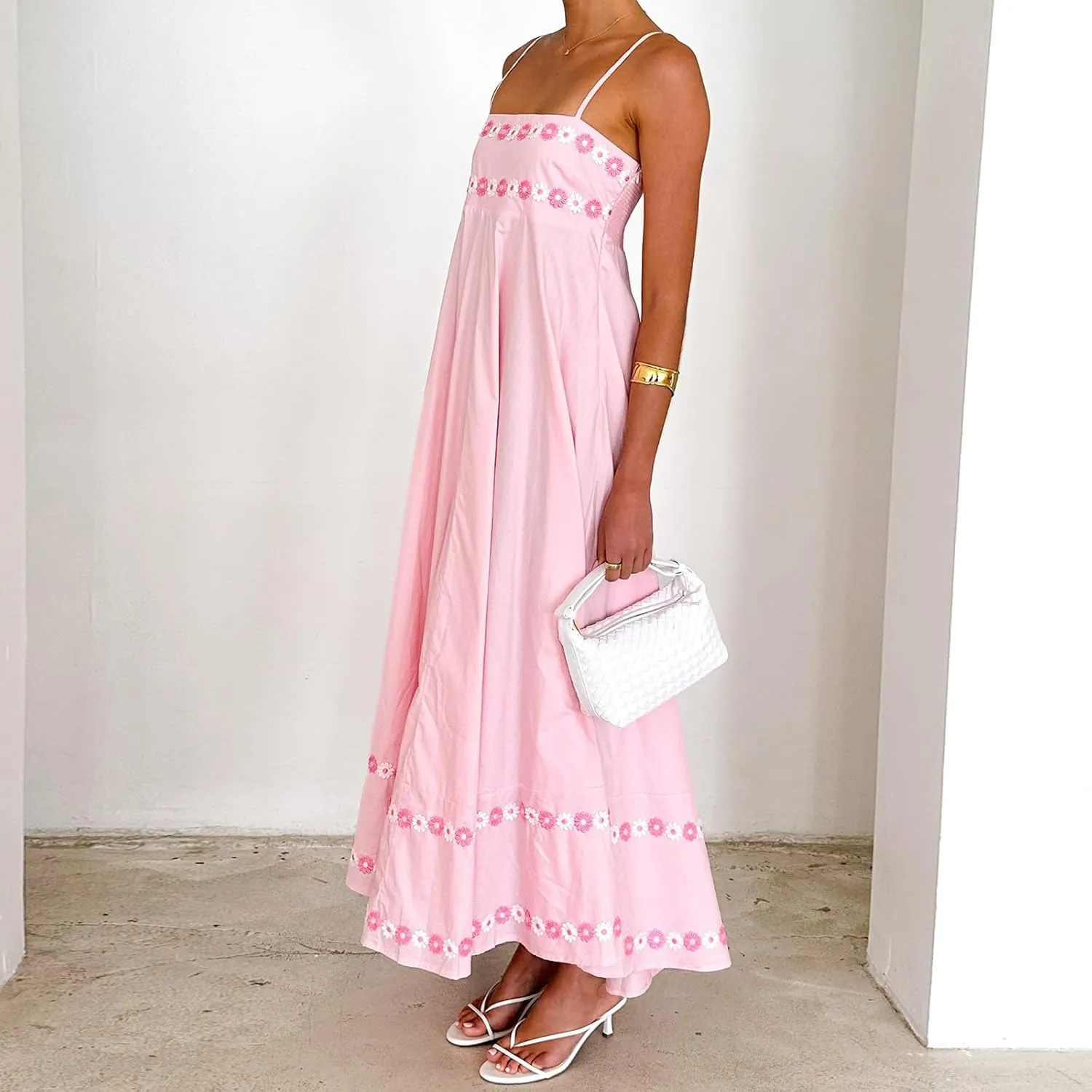 Women Boho Cami Long Dress Summer Y2k Spaghetti Strap Floral Dresses 3D Flower Backless A Line Beach Sundress