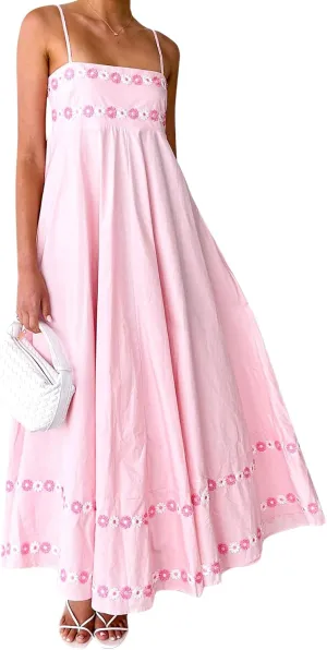 Women Boho Cami Long Dress Summer Y2k Spaghetti Strap Floral Dresses 3D Flower Backless A Line Beach Sundress