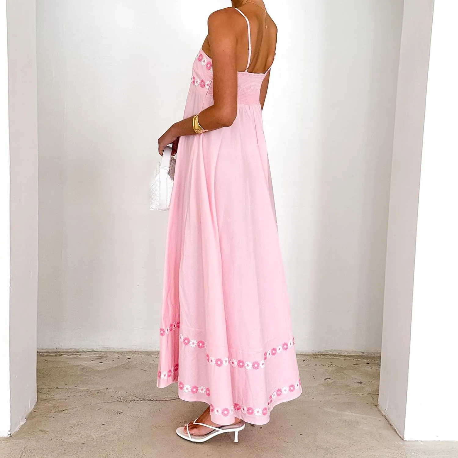 Women Boho Cami Long Dress Summer Y2k Spaghetti Strap Floral Dresses 3D Flower Backless A Line Beach Sundress