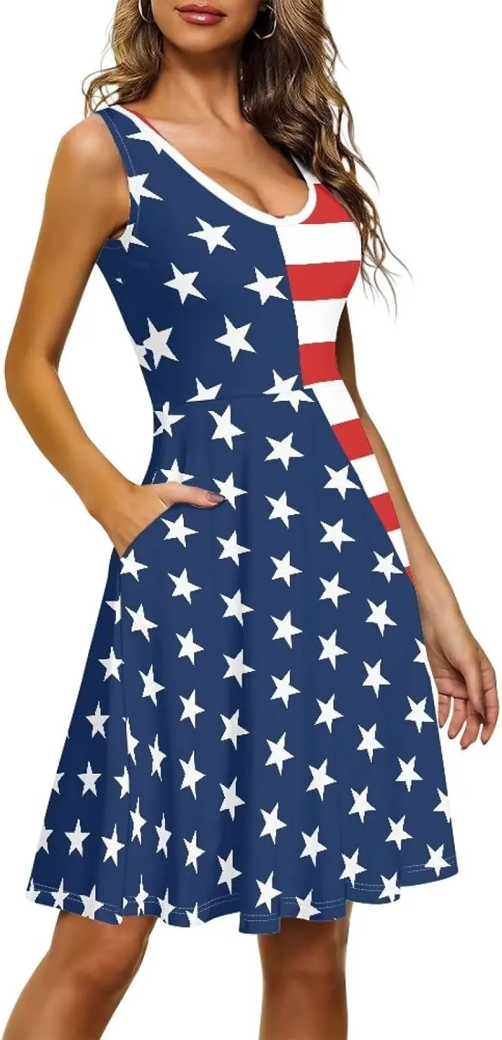 Women Casual Dresses Beach Cover Up Stretchy Sun Dress Sleeveless Swing Dresses with Pockets Holiday Party Dress
