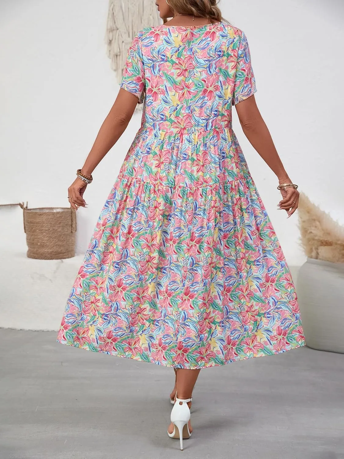 Women Casual Floral Midi Dress Summer Flowy Boho Aline Loose Tiered Ruffle Dresses Beach Sundress with Pockets