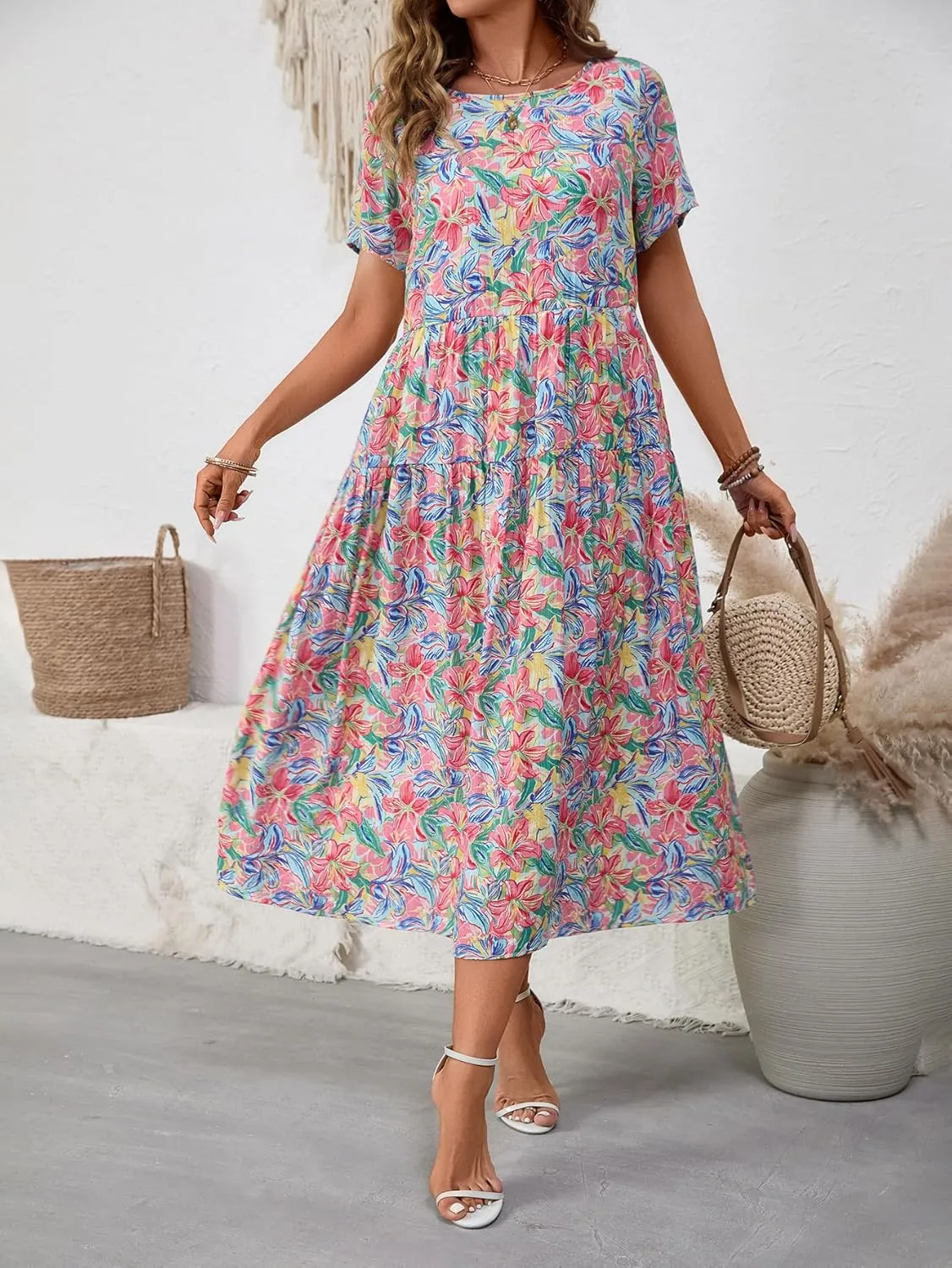 Women Casual Floral Midi Dress Summer Flowy Boho Aline Loose Tiered Ruffle Dresses Beach Sundress with Pockets
