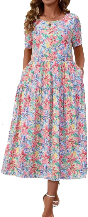 Women Casual Floral Midi Dress Summer Flowy Boho Aline Loose Tiered Ruffle Dresses Beach Sundress with Pockets