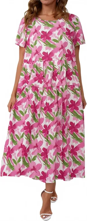 Women Casual Floral Midi Dress Summer Flowy Boho Aline Loose Tiered Ruffle Dresses Beach Sundress with Pockets
