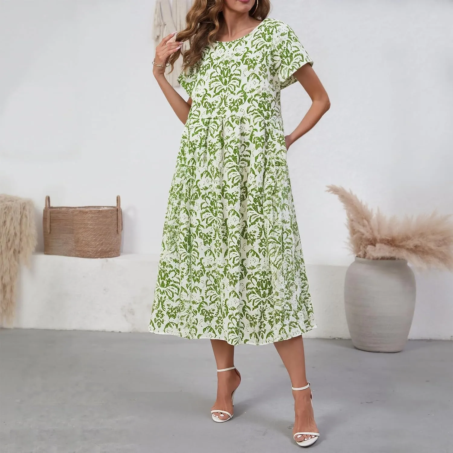 Women Casual Floral Midi Dress Summer Flowy Boho Aline Loose Tiered Ruffle Dresses Beach Sundress with Pockets