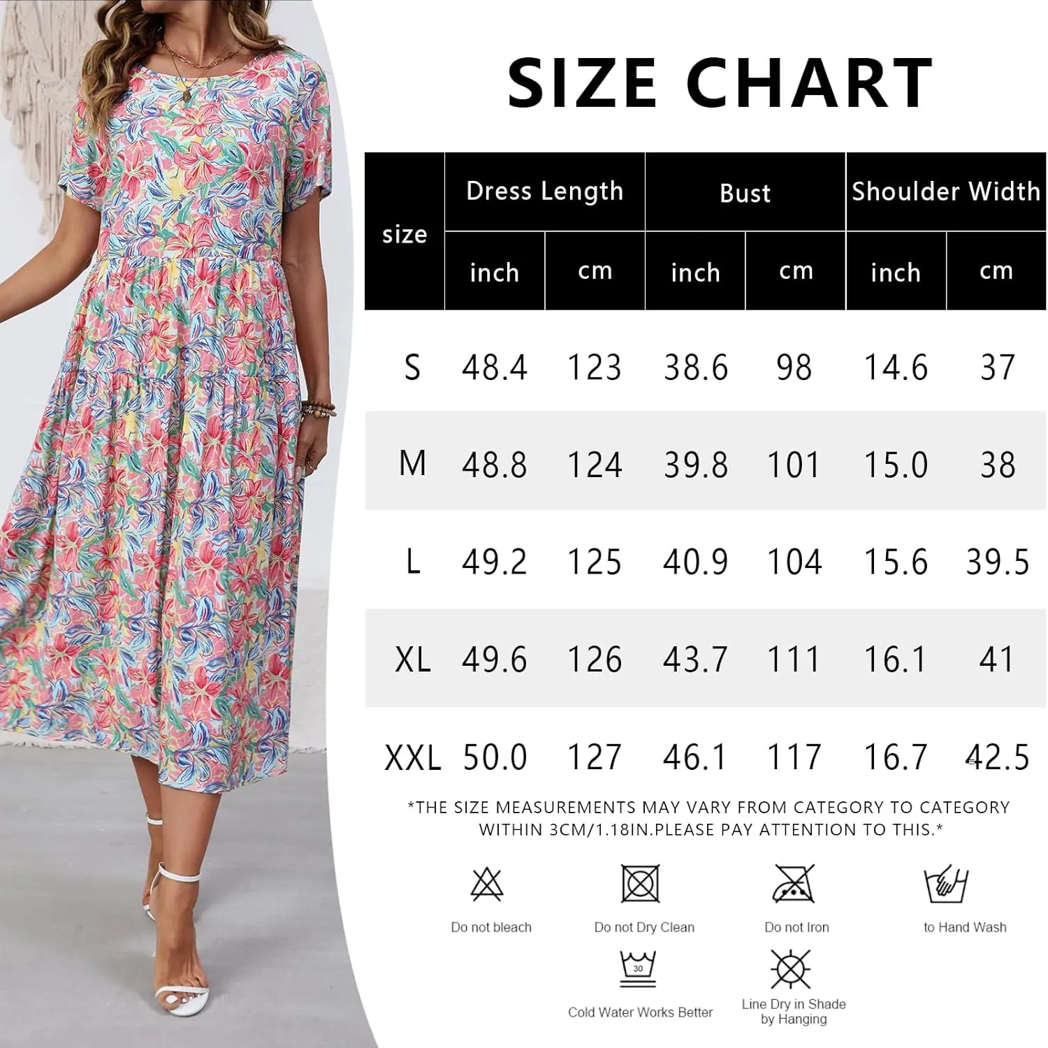 Women Casual Floral Midi Dress Summer Flowy Boho Aline Loose Tiered Ruffle Dresses Beach Sundress with Pockets