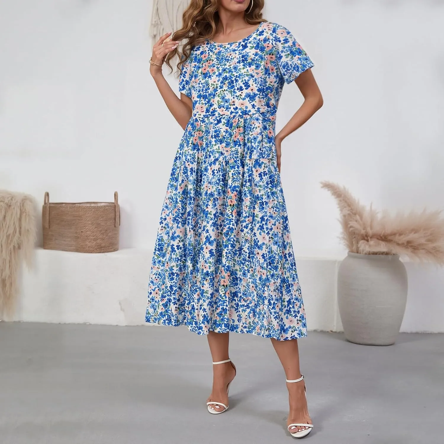 Women Casual Floral Midi Dress Summer Flowy Boho Aline Loose Tiered Ruffle Dresses Beach Sundress with Pockets