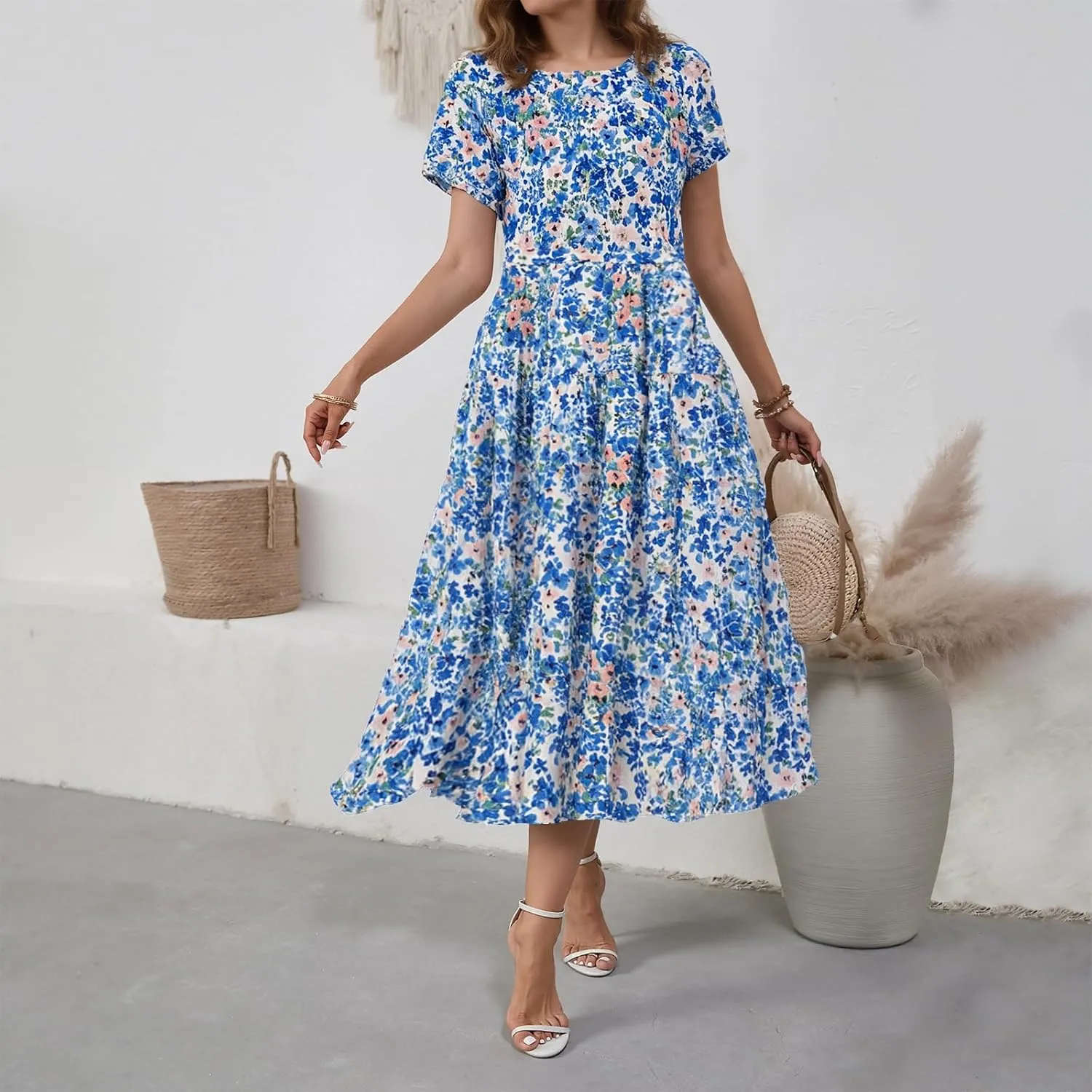 Women Casual Floral Midi Dress Summer Flowy Boho Aline Loose Tiered Ruffle Dresses Beach Sundress with Pockets