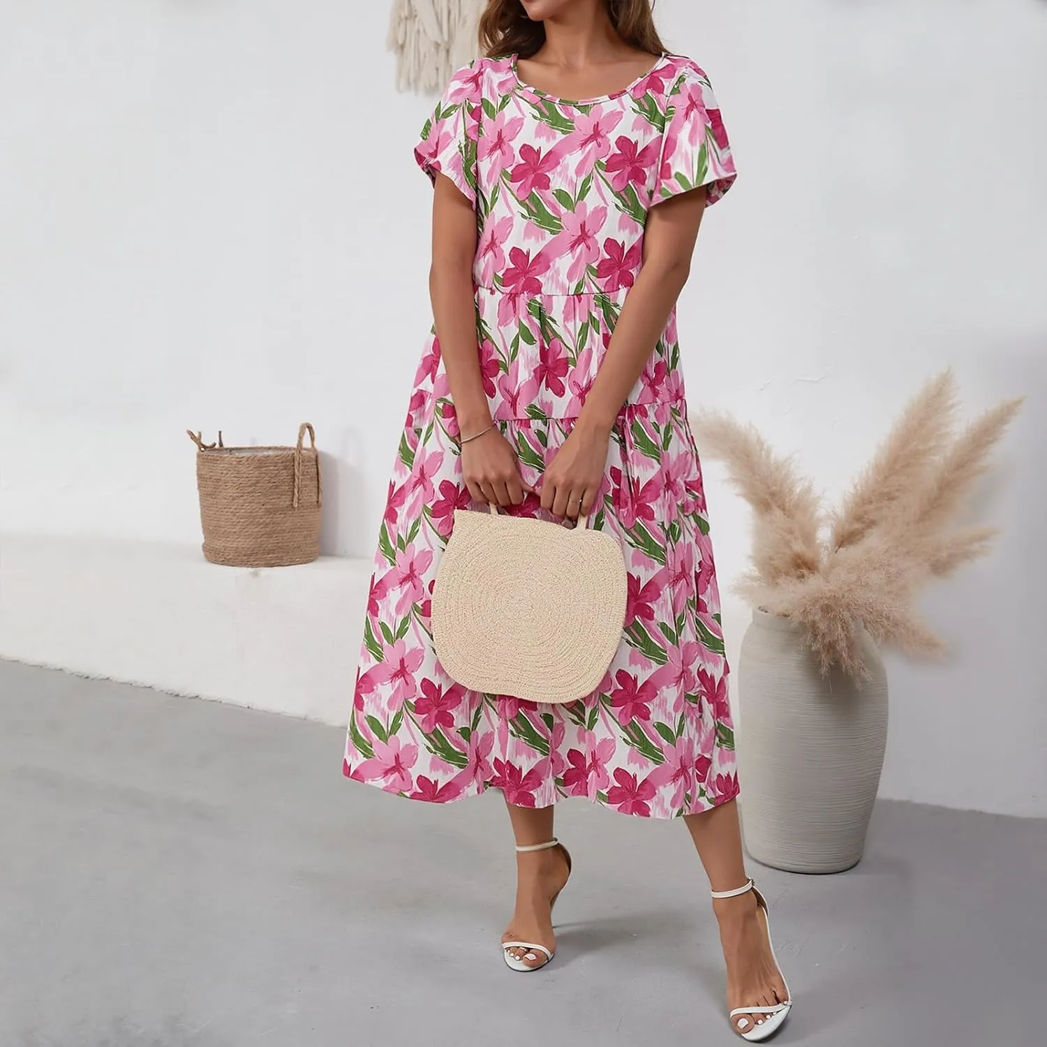 Women Casual Floral Midi Dress Summer Flowy Boho Aline Loose Tiered Ruffle Dresses Beach Sundress with Pockets