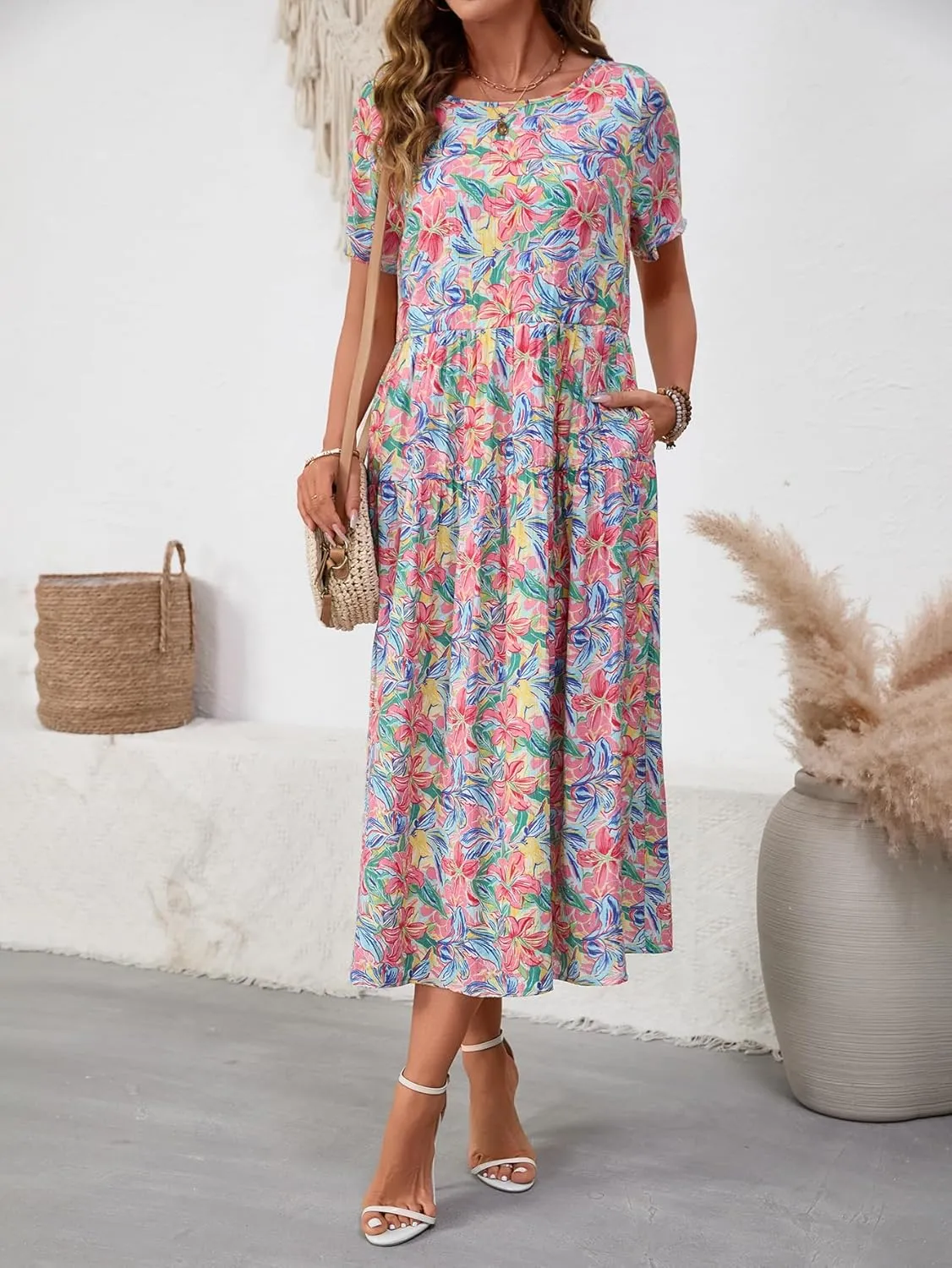 Women Casual Floral Midi Dress Summer Flowy Boho Aline Loose Tiered Ruffle Dresses Beach Sundress with Pockets