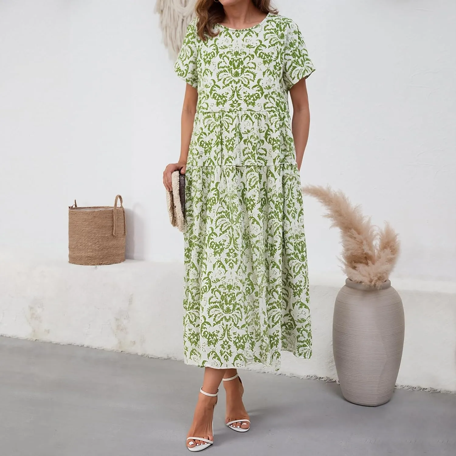 Women Casual Floral Midi Dress Summer Flowy Boho Aline Loose Tiered Ruffle Dresses Beach Sundress with Pockets