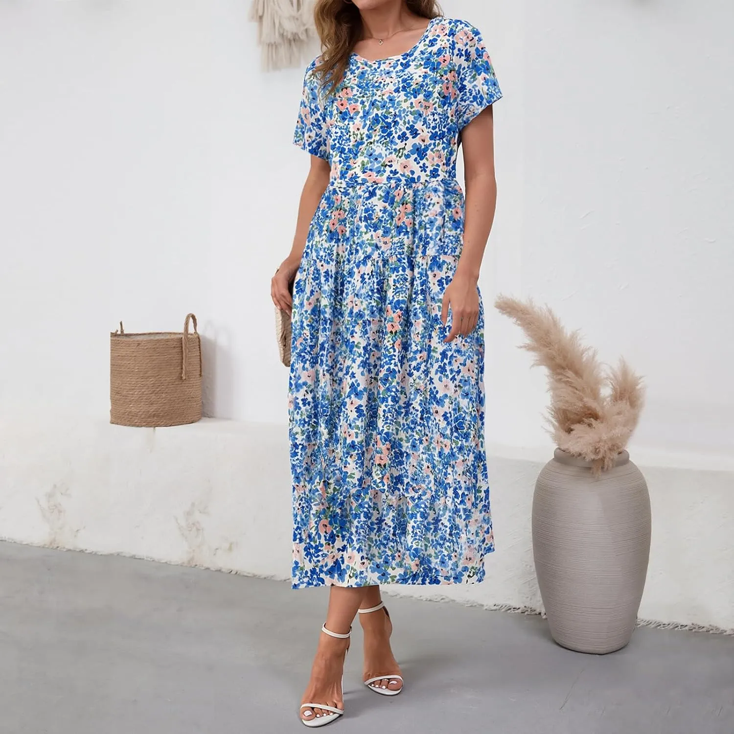 Women Casual Floral Midi Dress Summer Flowy Boho Aline Loose Tiered Ruffle Dresses Beach Sundress with Pockets