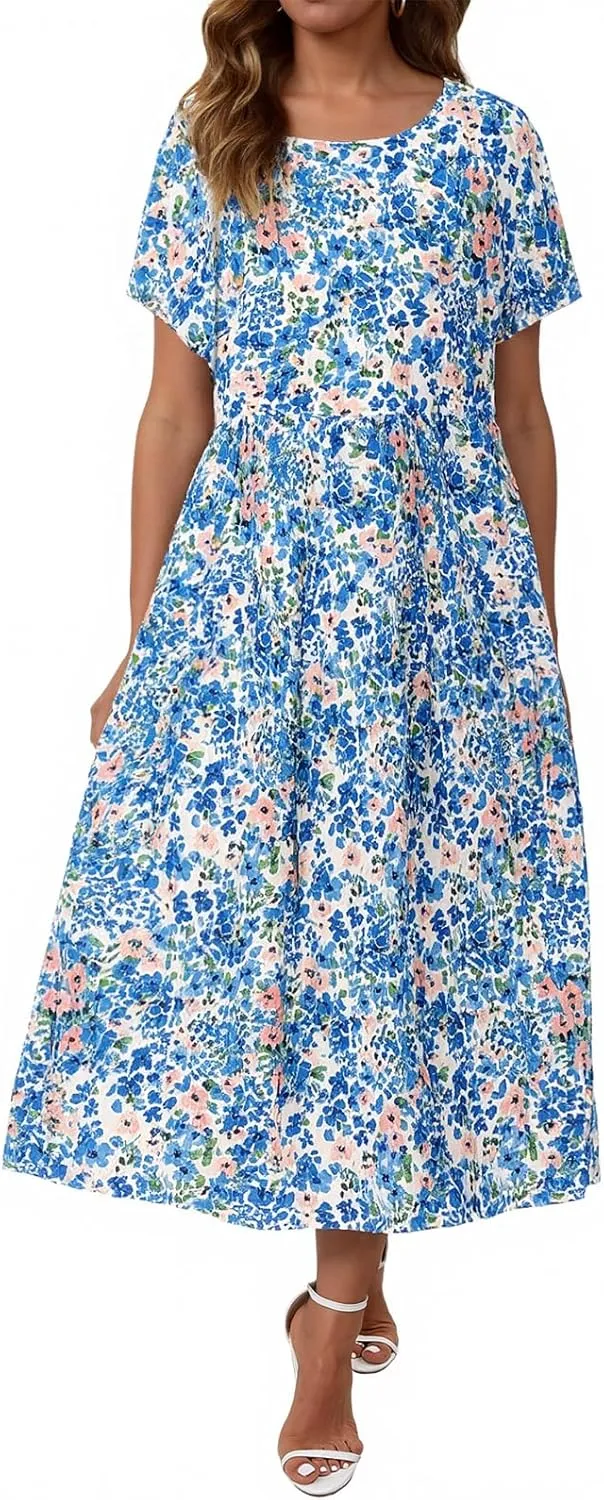 Women Casual Floral Midi Dress Summer Flowy Boho Aline Loose Tiered Ruffle Dresses Beach Sundress with Pockets