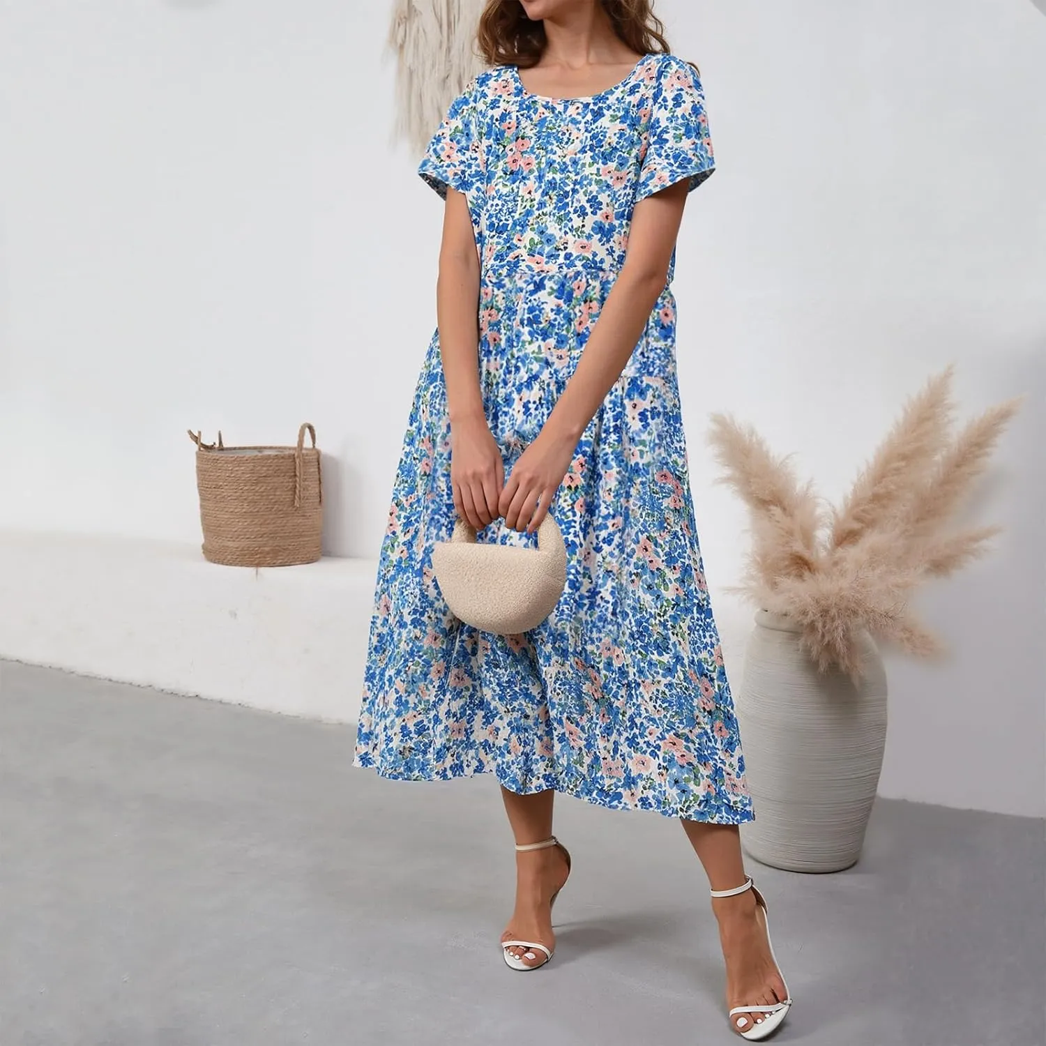 Women Casual Floral Midi Dress Summer Flowy Boho Aline Loose Tiered Ruffle Dresses Beach Sundress with Pockets