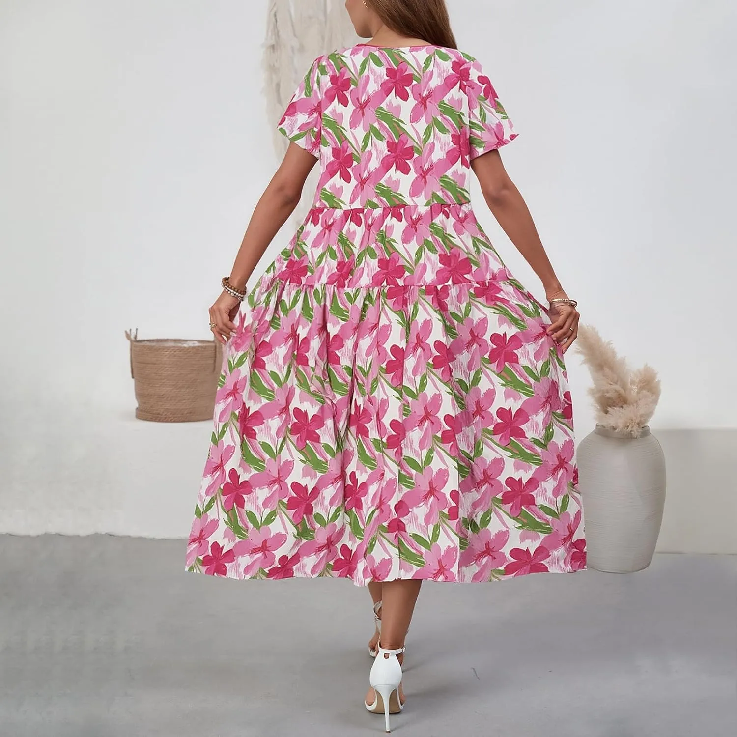 Women Casual Floral Midi Dress Summer Flowy Boho Aline Loose Tiered Ruffle Dresses Beach Sundress with Pockets