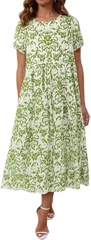 Women Casual Floral Midi Dress Summer Flowy Boho Aline Loose Tiered Ruffle Dresses Beach Sundress with Pockets