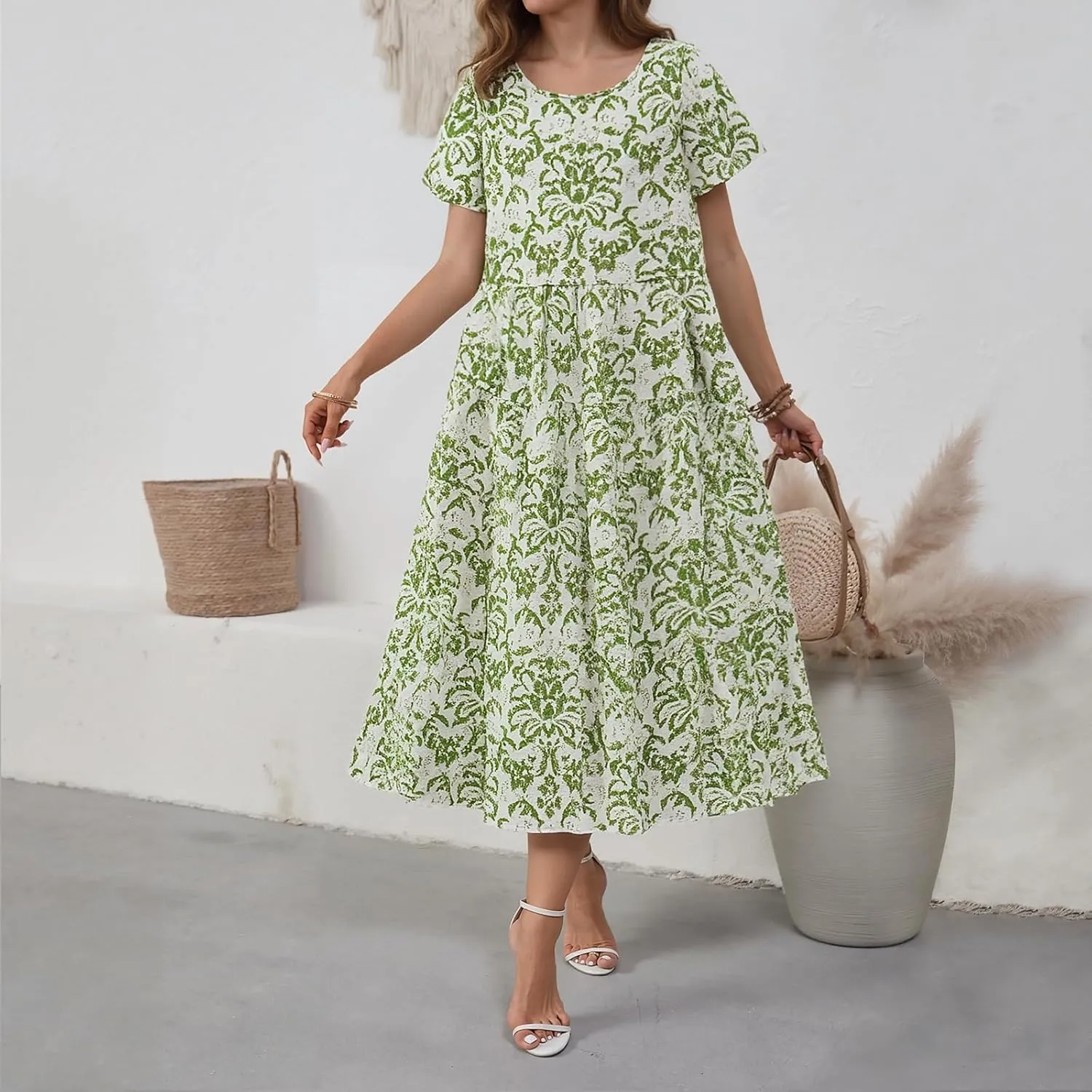 Women Casual Floral Midi Dress Summer Flowy Boho Aline Loose Tiered Ruffle Dresses Beach Sundress with Pockets