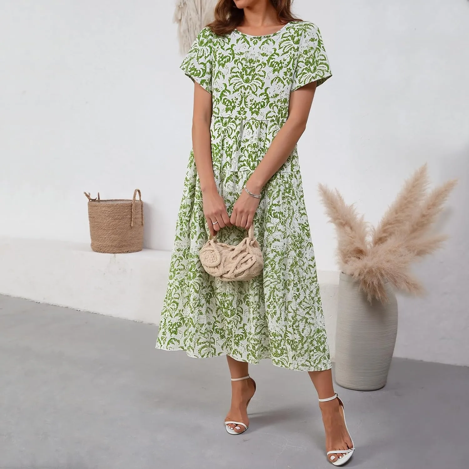 Women Casual Floral Midi Dress Summer Flowy Boho Aline Loose Tiered Ruffle Dresses Beach Sundress with Pockets