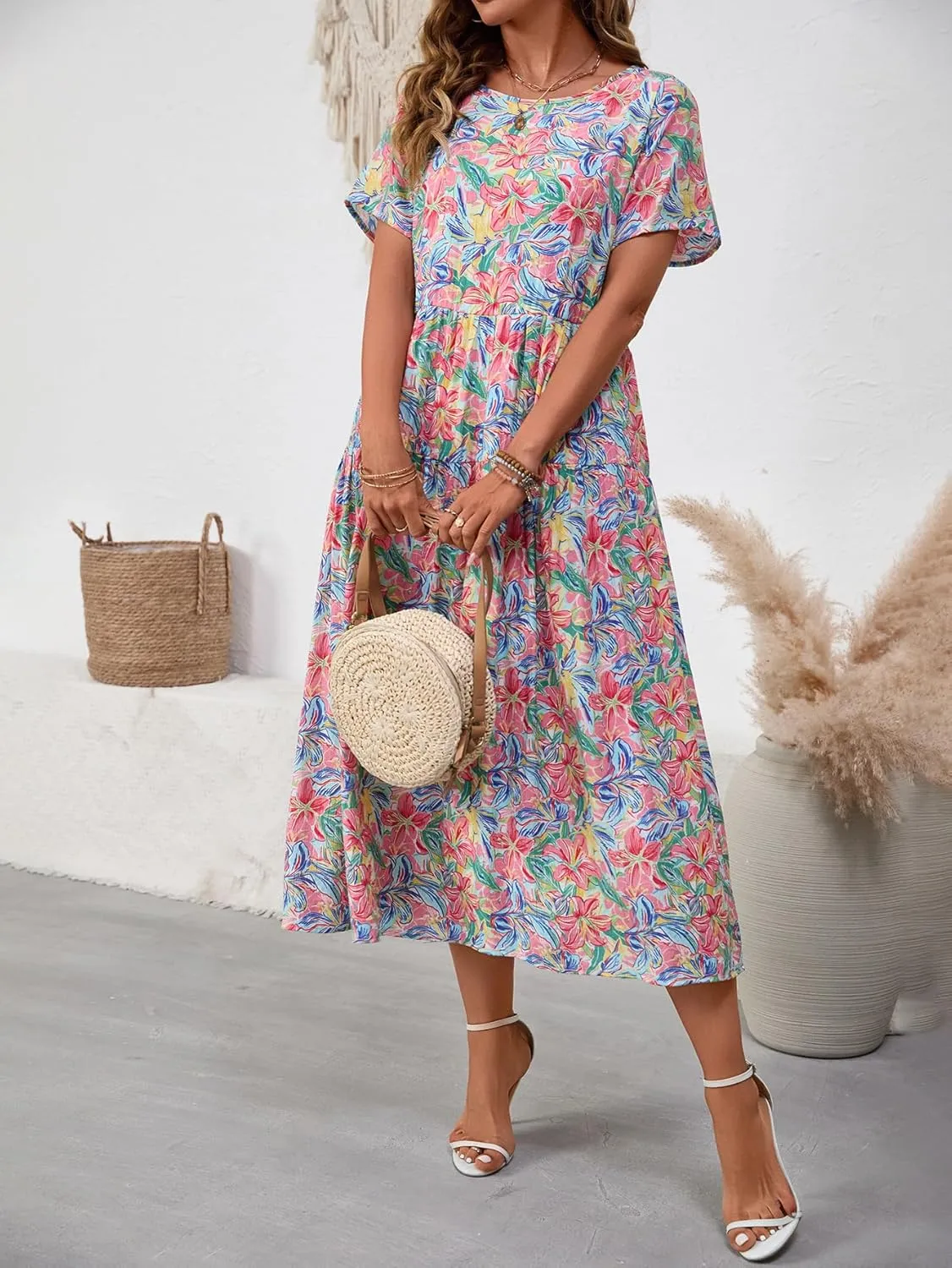 Women Casual Floral Midi Dress Summer Flowy Boho Aline Loose Tiered Ruffle Dresses Beach Sundress with Pockets