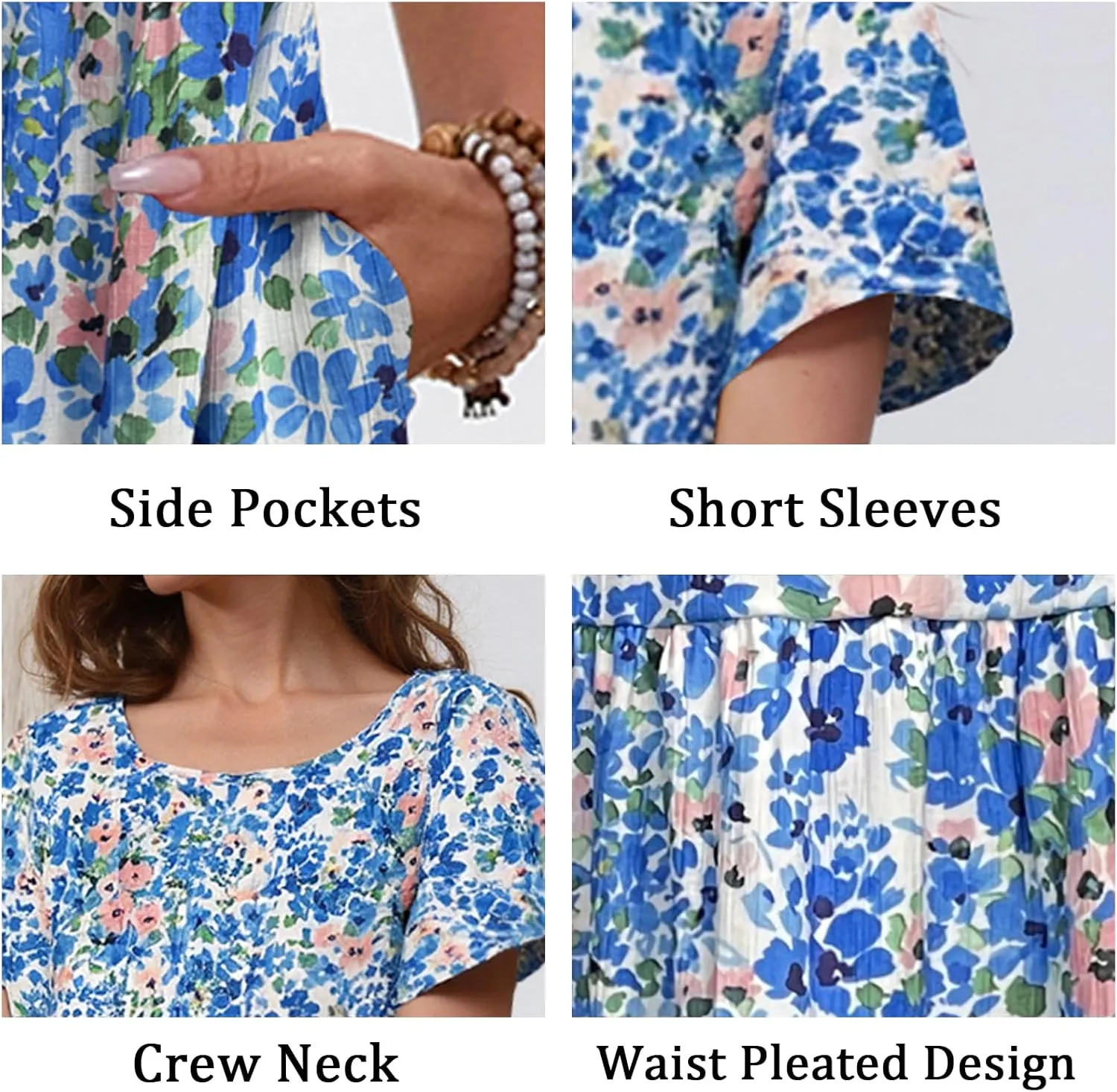 Women Casual Floral Midi Dress Summer Flowy Boho Aline Loose Tiered Ruffle Dresses Beach Sundress with Pockets