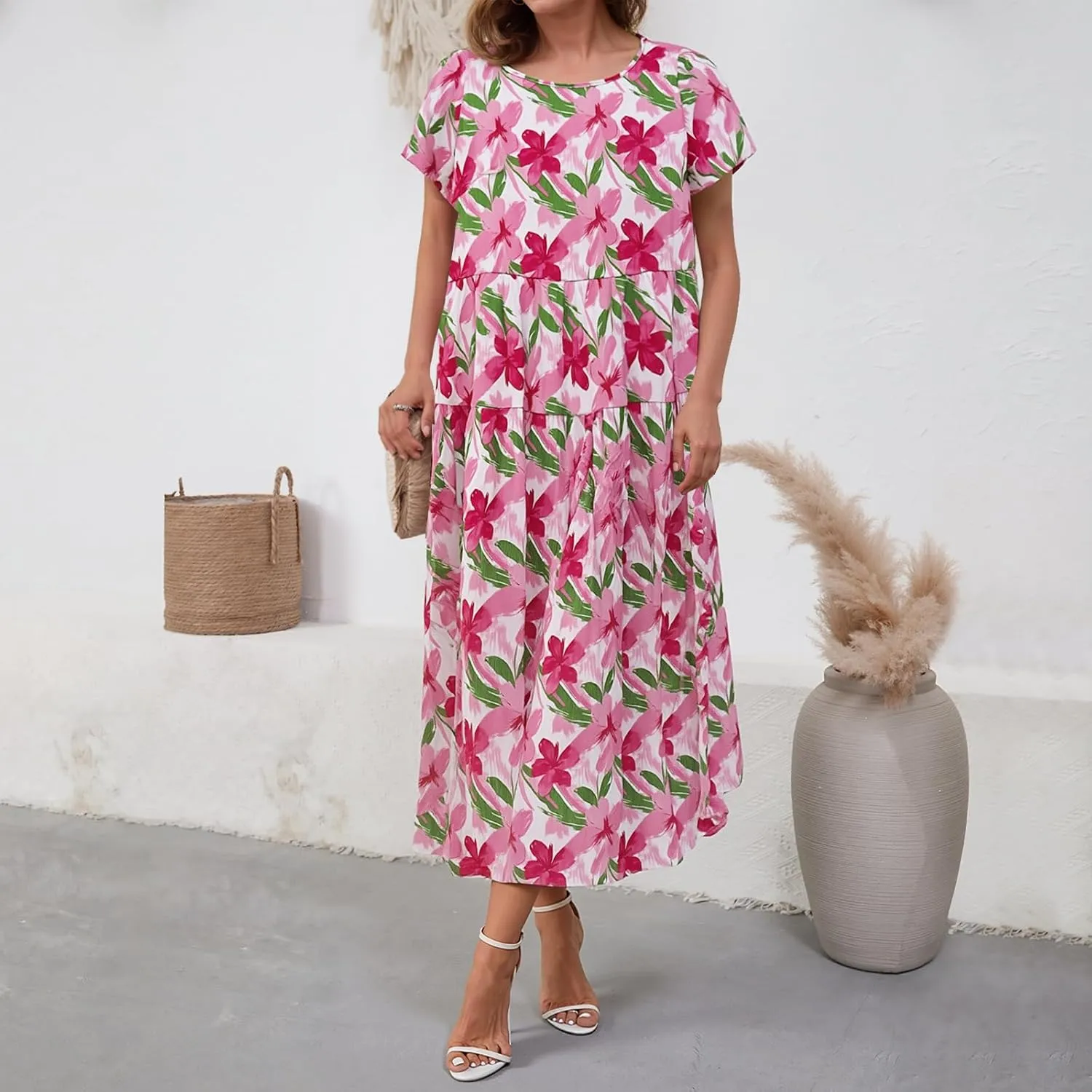 Women Casual Floral Midi Dress Summer Flowy Boho Aline Loose Tiered Ruffle Dresses Beach Sundress with Pockets