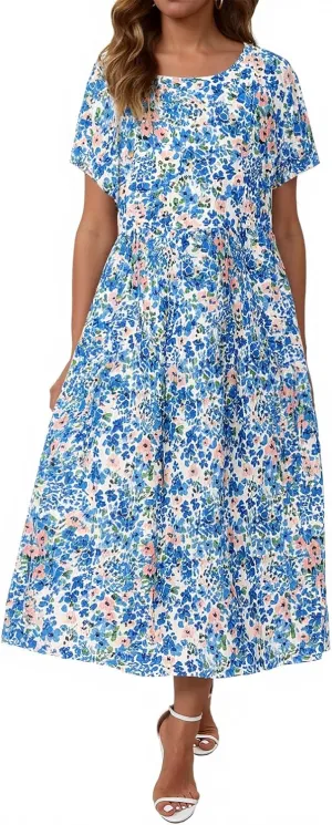 Women Casual Floral Midi Dress Summer Flowy Boho Aline Loose Tiered Ruffle Dresses Beach Sundress with Pockets