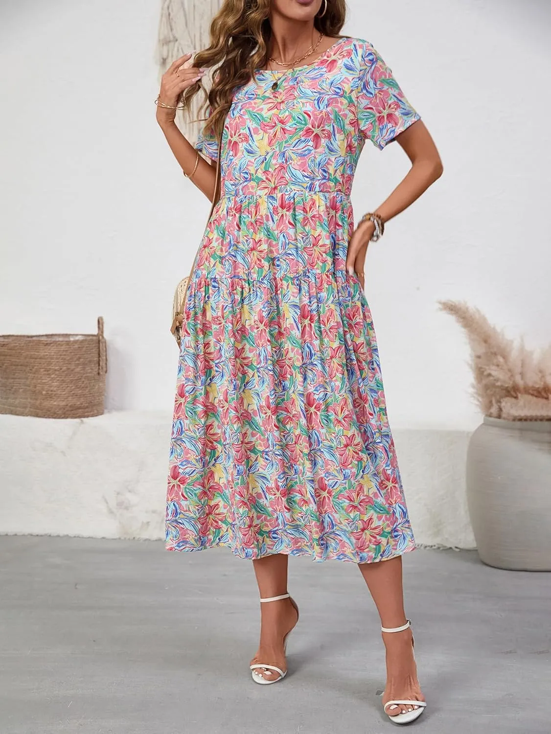 Women Casual Floral Midi Dress Summer Flowy Boho Aline Loose Tiered Ruffle Dresses Beach Sundress with Pockets