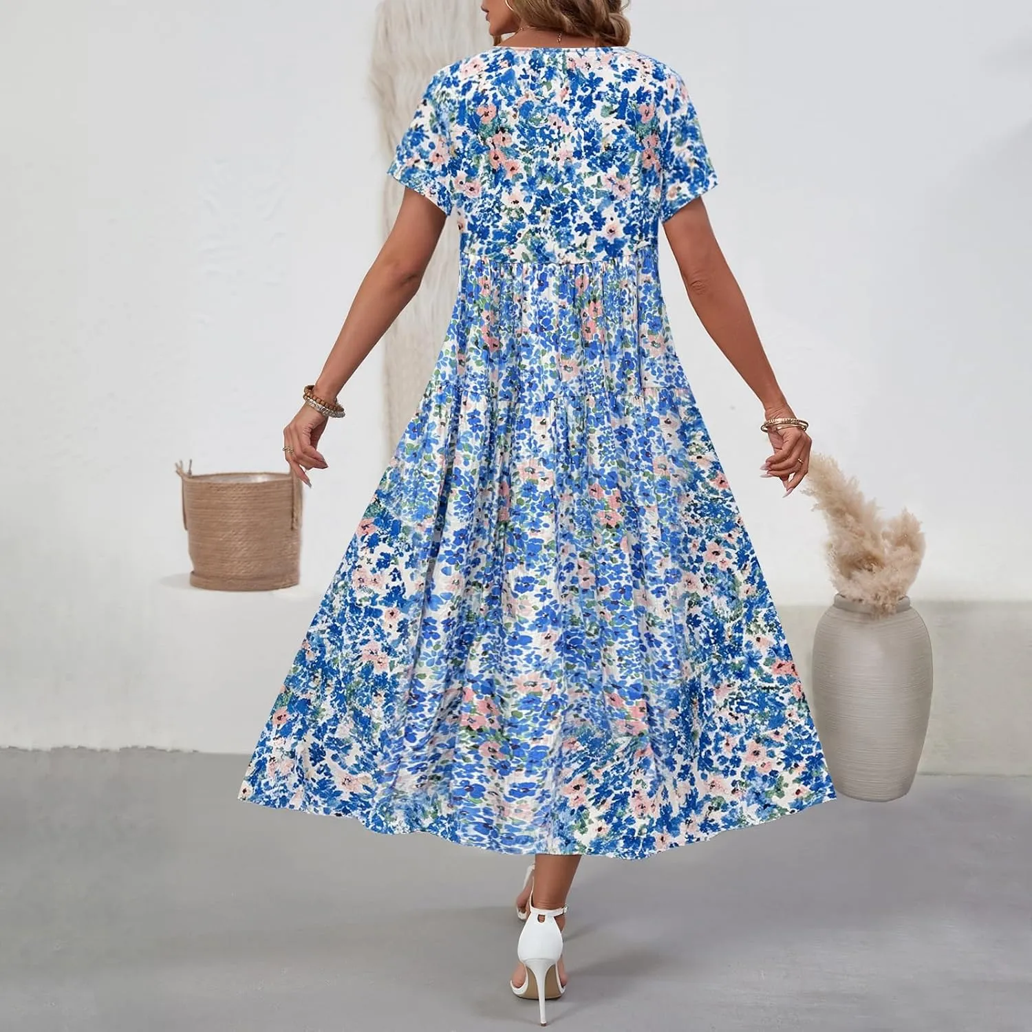 Women Casual Floral Midi Dress Summer Flowy Boho Aline Loose Tiered Ruffle Dresses Beach Sundress with Pockets