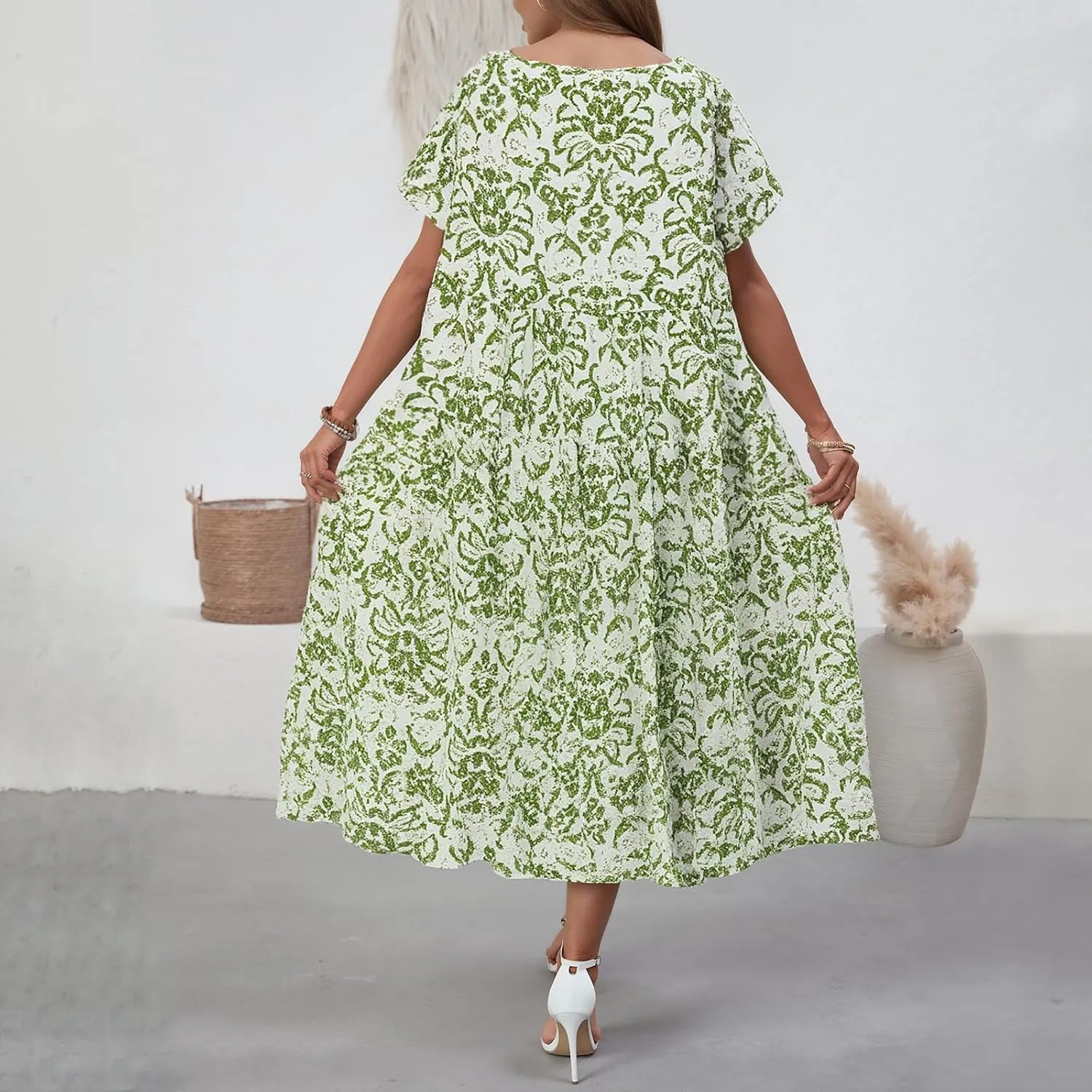 Women Casual Floral Midi Dress Summer Flowy Boho Aline Loose Tiered Ruffle Dresses Beach Sundress with Pockets