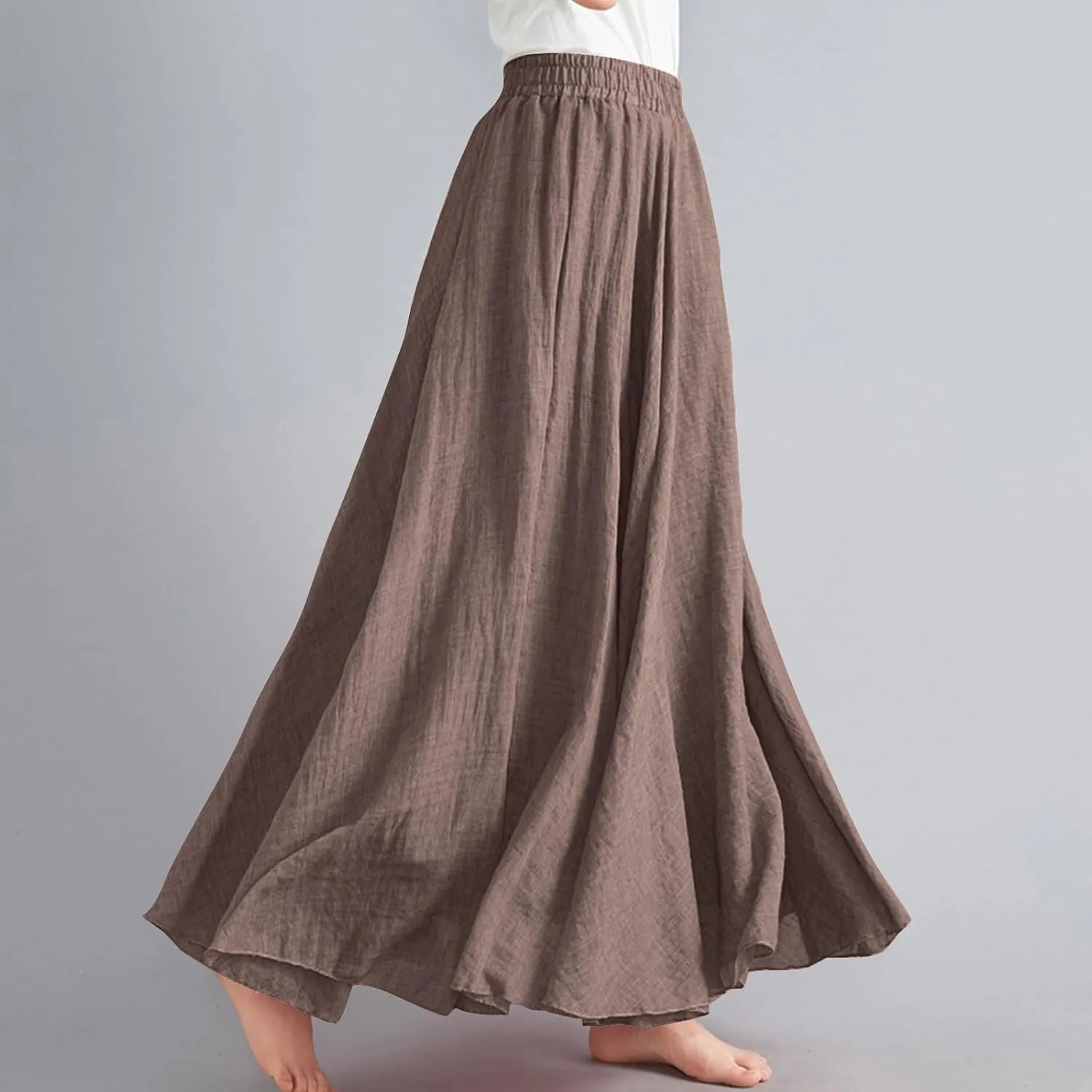 Women Casual Maxi Skirt Flowy Plus Size Elastic Waist High Waisted Swing Hem Swing Solid Color A Line Skirts