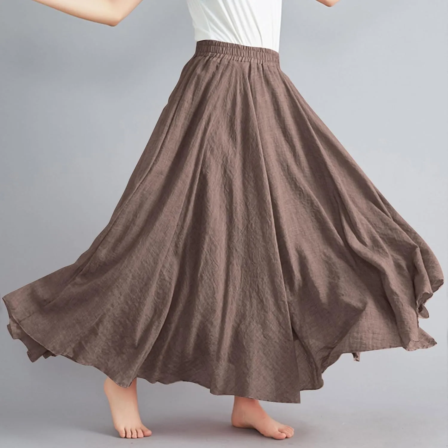 Women Casual Maxi Skirt Flowy Plus Size Elastic Waist High Waisted Swing Hem Swing Solid Color A Line Skirts