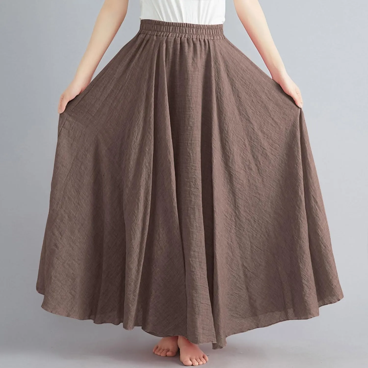 Women Casual Maxi Skirt Flowy Plus Size Elastic Waist High Waisted Swing Hem Swing Solid Color A Line Skirts