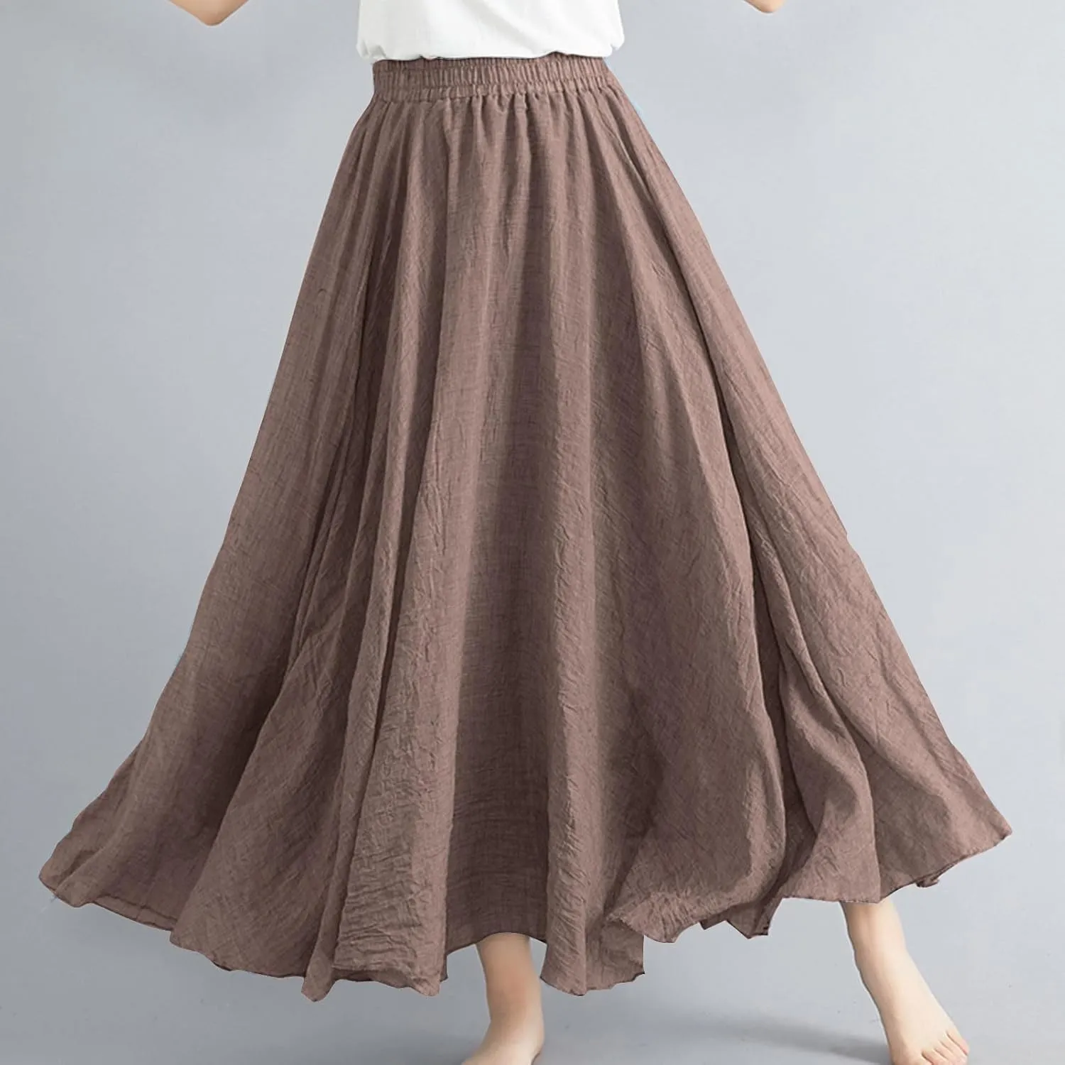 Women Casual Maxi Skirt Flowy Plus Size Elastic Waist High Waisted Swing Hem Swing Solid Color A Line Skirts