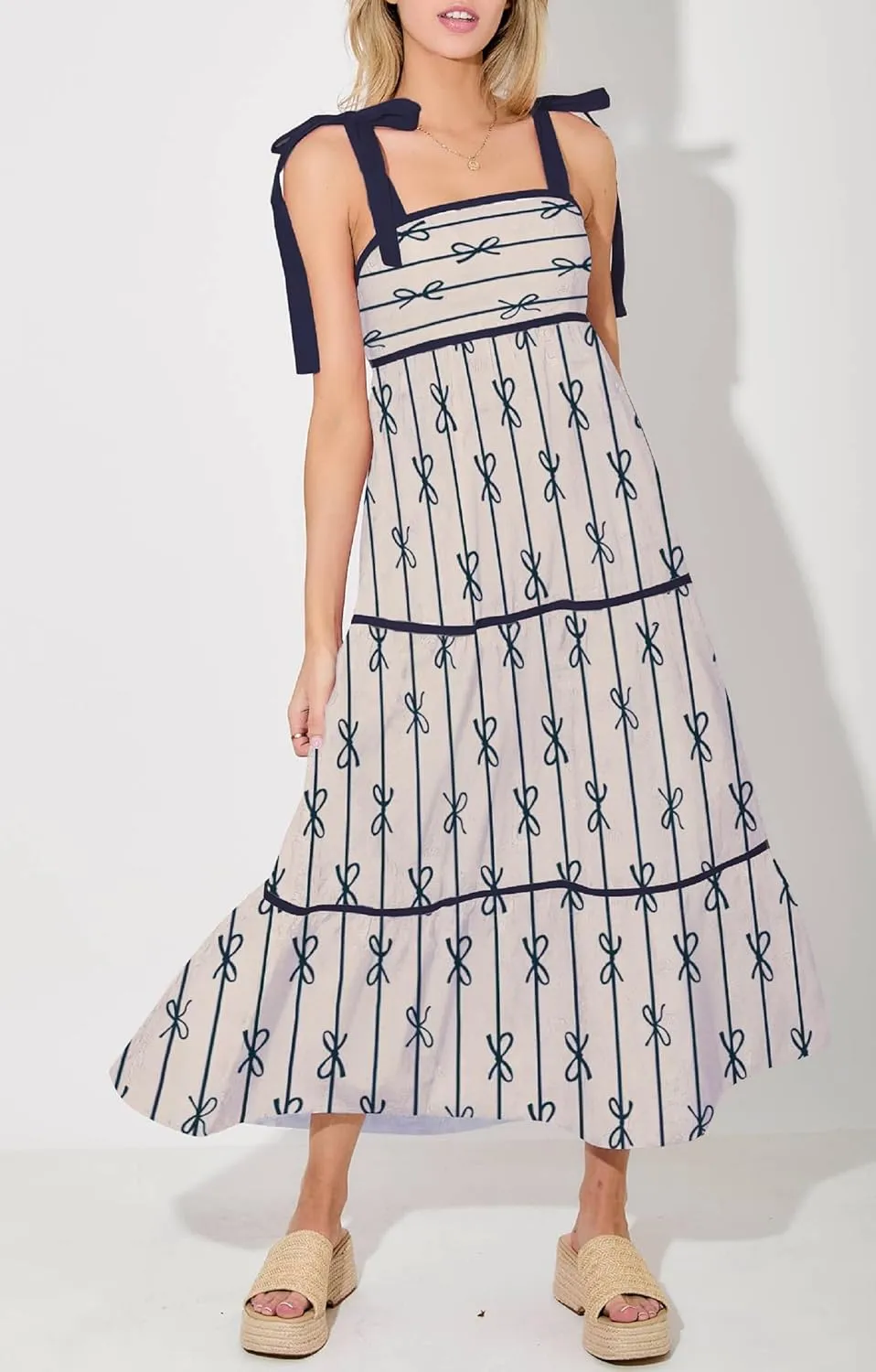 Women Floral Boho Tie Shoulder Beach Maxi Dress Vintage Flower Smocked Flowy Dress Tiered Summer Vocation Sundress