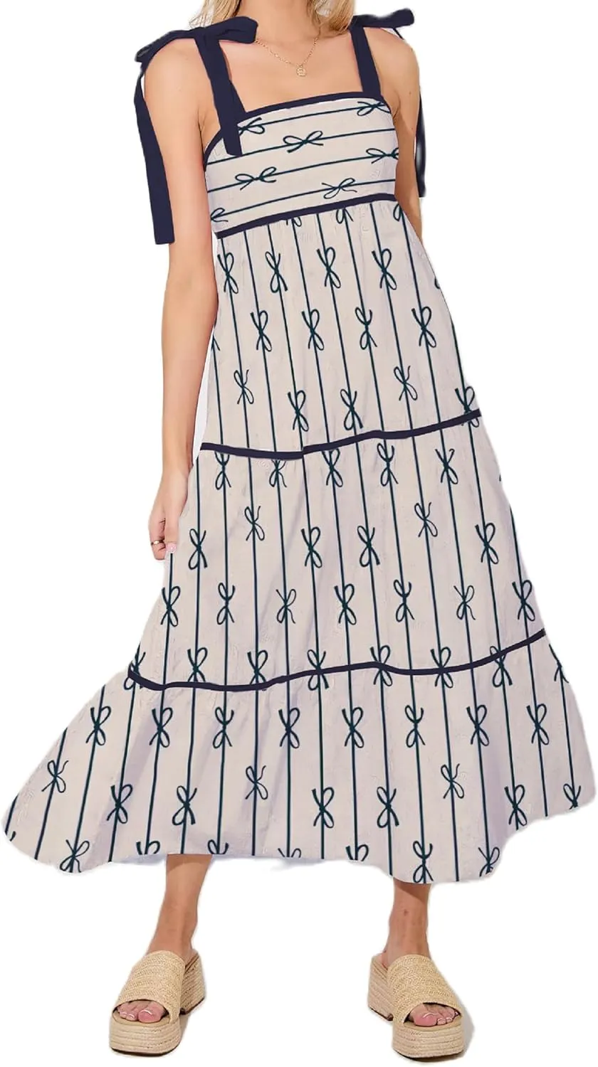 Women Floral Boho Tie Shoulder Beach Maxi Dress Vintage Flower Smocked Flowy Dress Tiered Summer Vocation Sundress