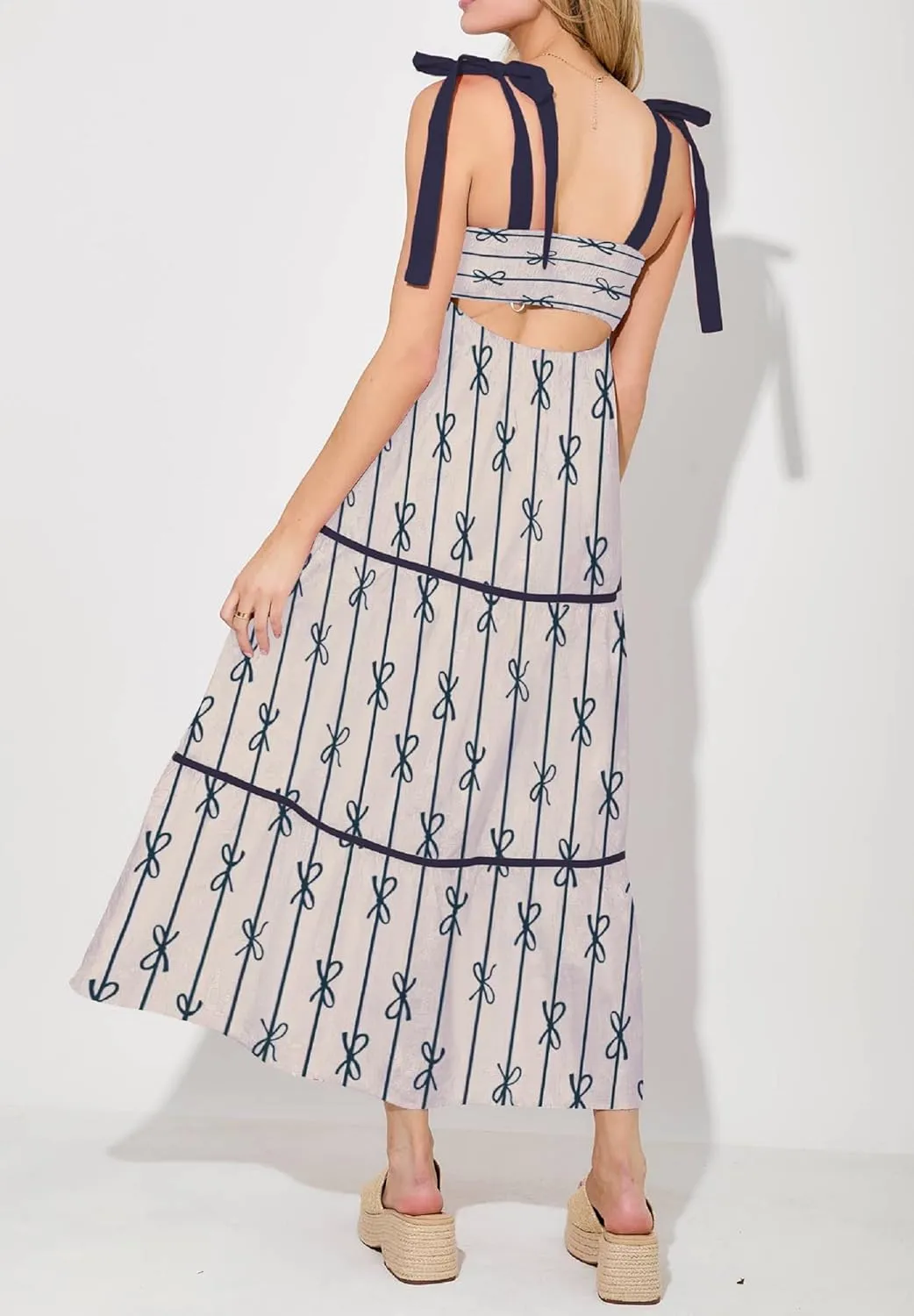 Women Floral Boho Tie Shoulder Beach Maxi Dress Vintage Flower Smocked Flowy Dress Tiered Summer Vocation Sundress