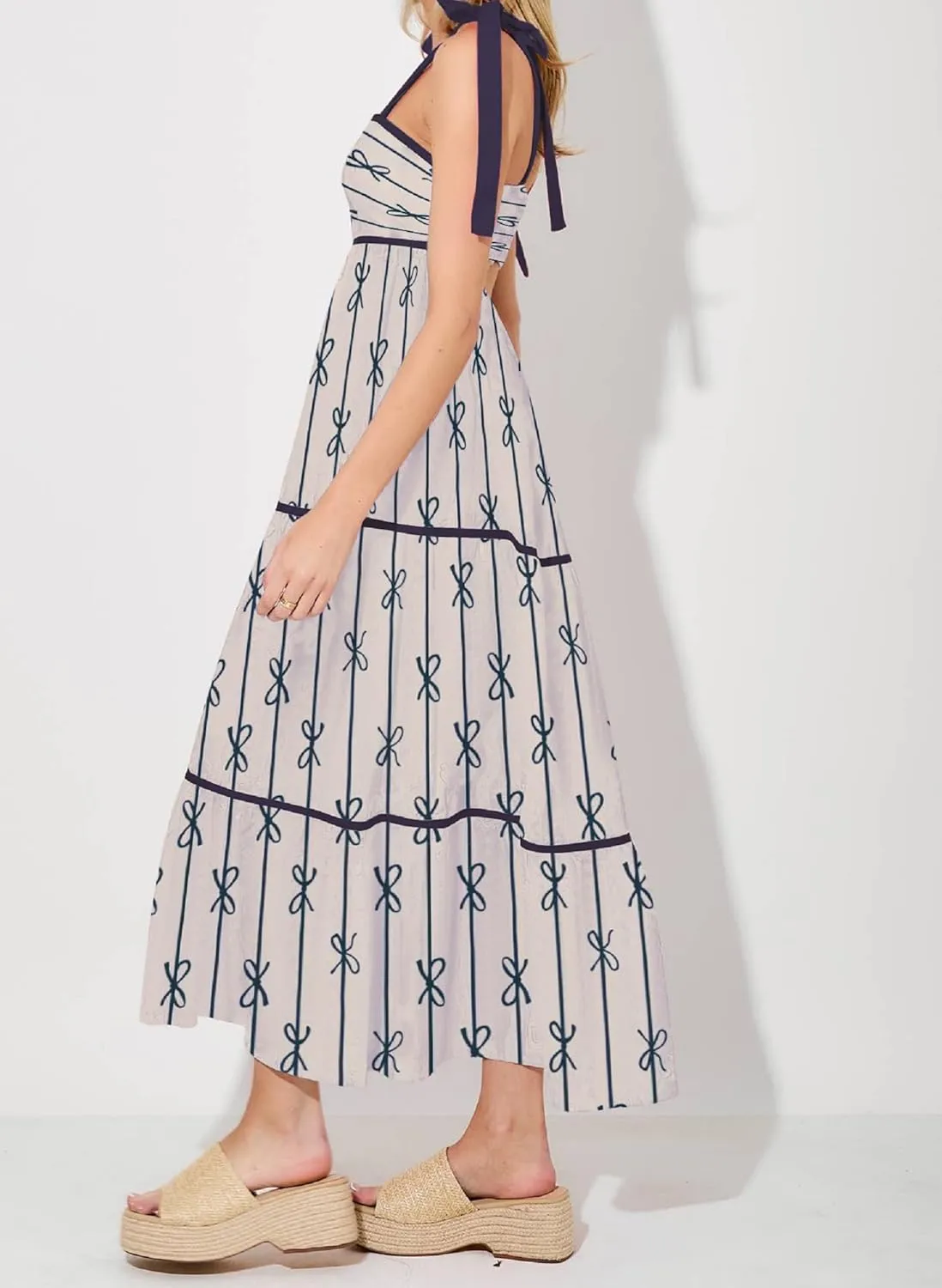 Women Floral Boho Tie Shoulder Beach Maxi Dress Vintage Flower Smocked Flowy Dress Tiered Summer Vocation Sundress