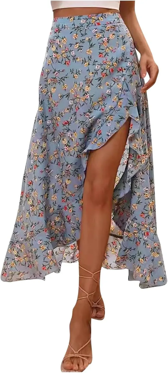 Women Floral Print Flowy Midi Skirt, Ruffle Pleated Hem Side Split Fairy Skirts Summer Beach Vacation Trendy Clothes