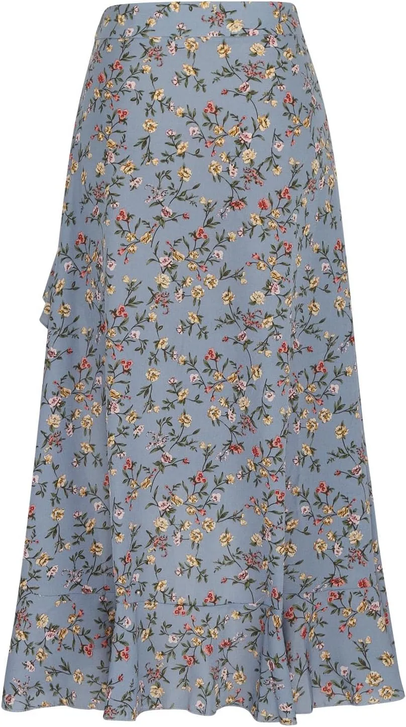 Women Floral Print Flowy Midi Skirt, Ruffle Pleated Hem Side Split Fairy Skirts Summer Beach Vacation Trendy Clothes