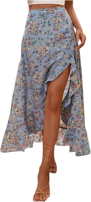 Women Floral Print Flowy Midi Skirt, Ruffle Pleated Hem Side Split Fairy Skirts Summer Beach Vacation Trendy Clothes