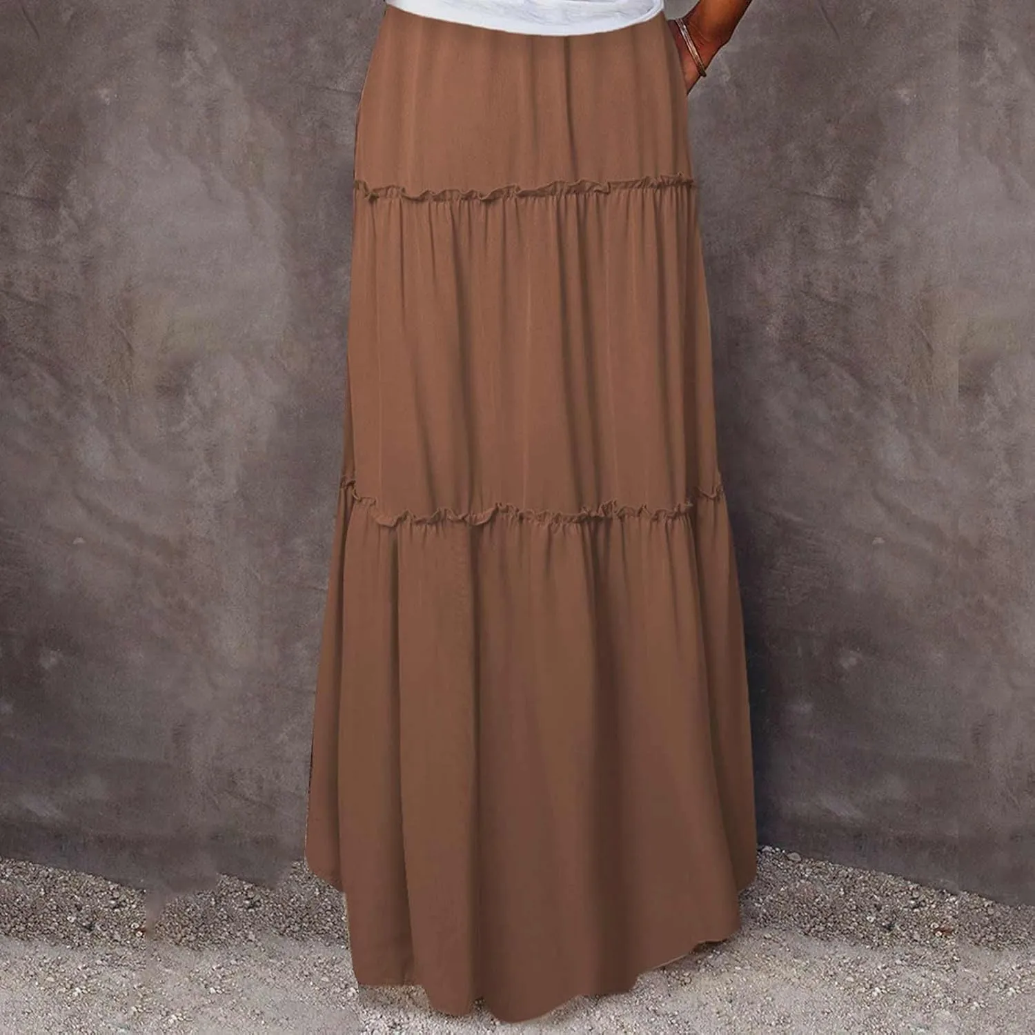Women Flowy Layered Tiered Maxi Skirts Elastic High Waisted A Line Summer Beach Skirt Plus Size Stretch Dress