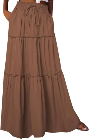 Women Flowy Layered Tiered Maxi Skirts Elastic High Waisted A Line Summer Beach Skirt Plus Size Stretch Dress