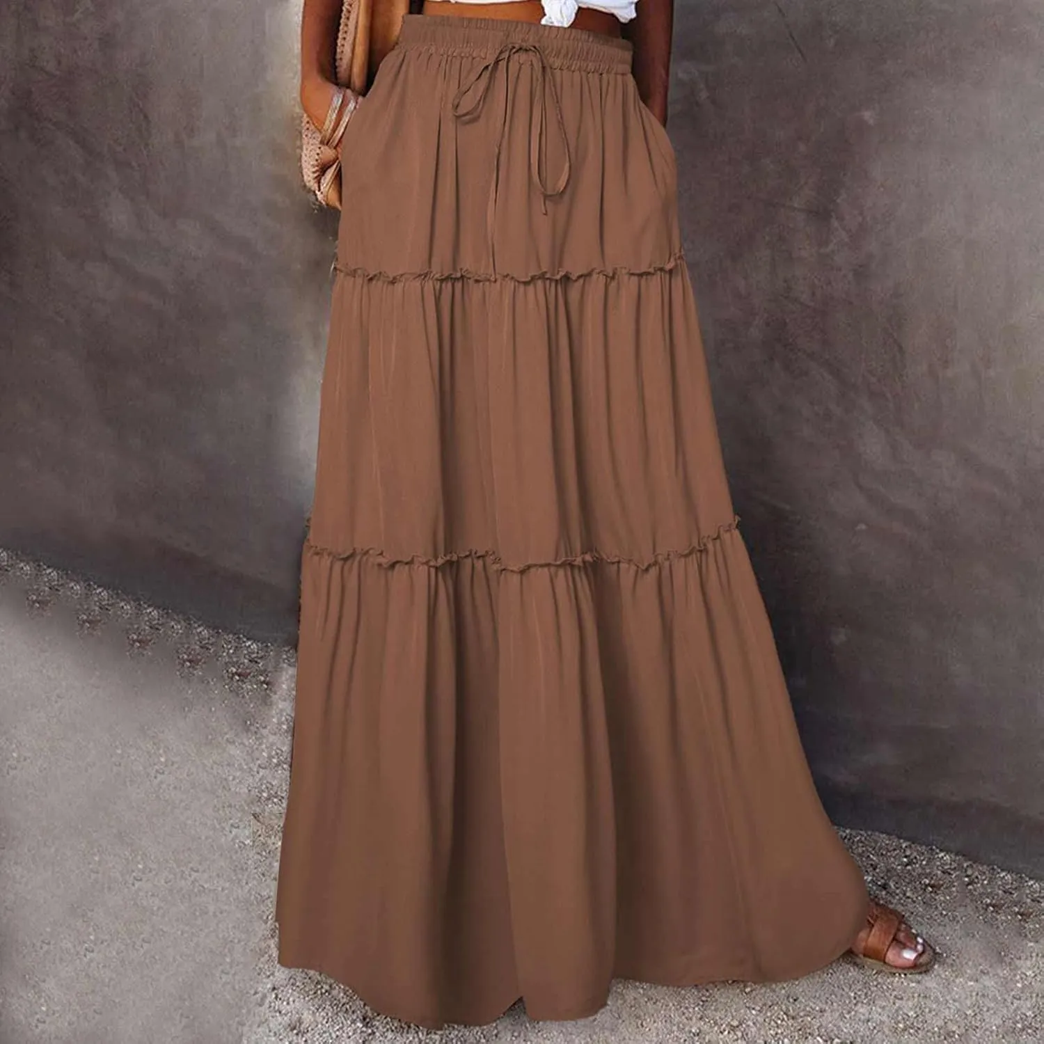 Women Flowy Layered Tiered Maxi Skirts Elastic High Waisted A Line Summer Beach Skirt Plus Size Stretch Dress