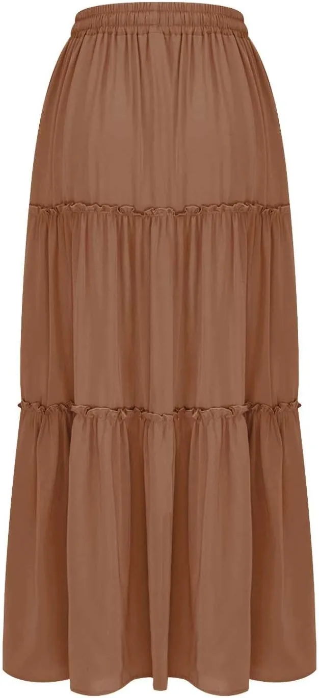 Women Flowy Layered Tiered Maxi Skirts Elastic High Waisted A Line Summer Beach Skirt Plus Size Stretch Dress