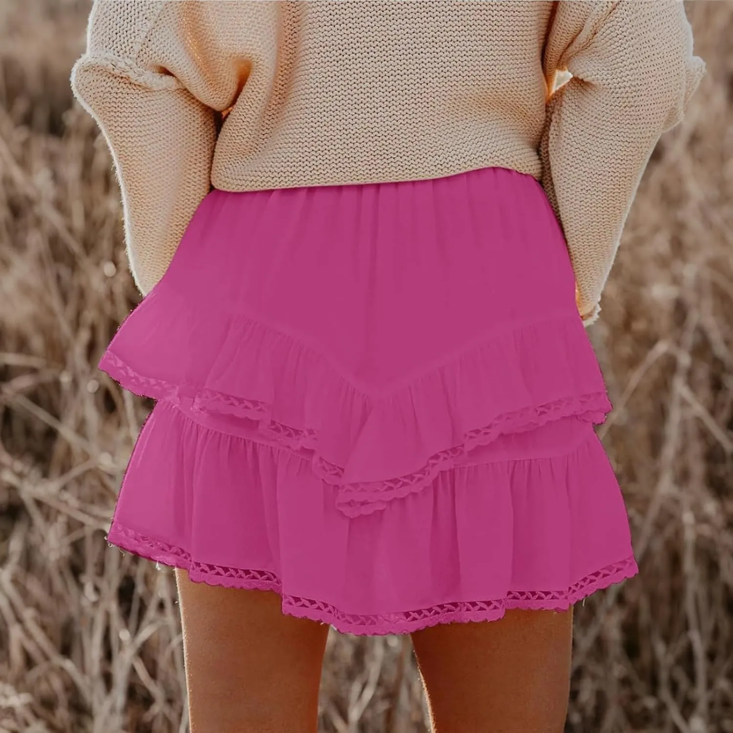 Women Flowy Shorts Casual Boho Ruffle Skirts Cute Crochet Tiered Skorts Summer Mini Skirt with Shorts Y2K Skirt