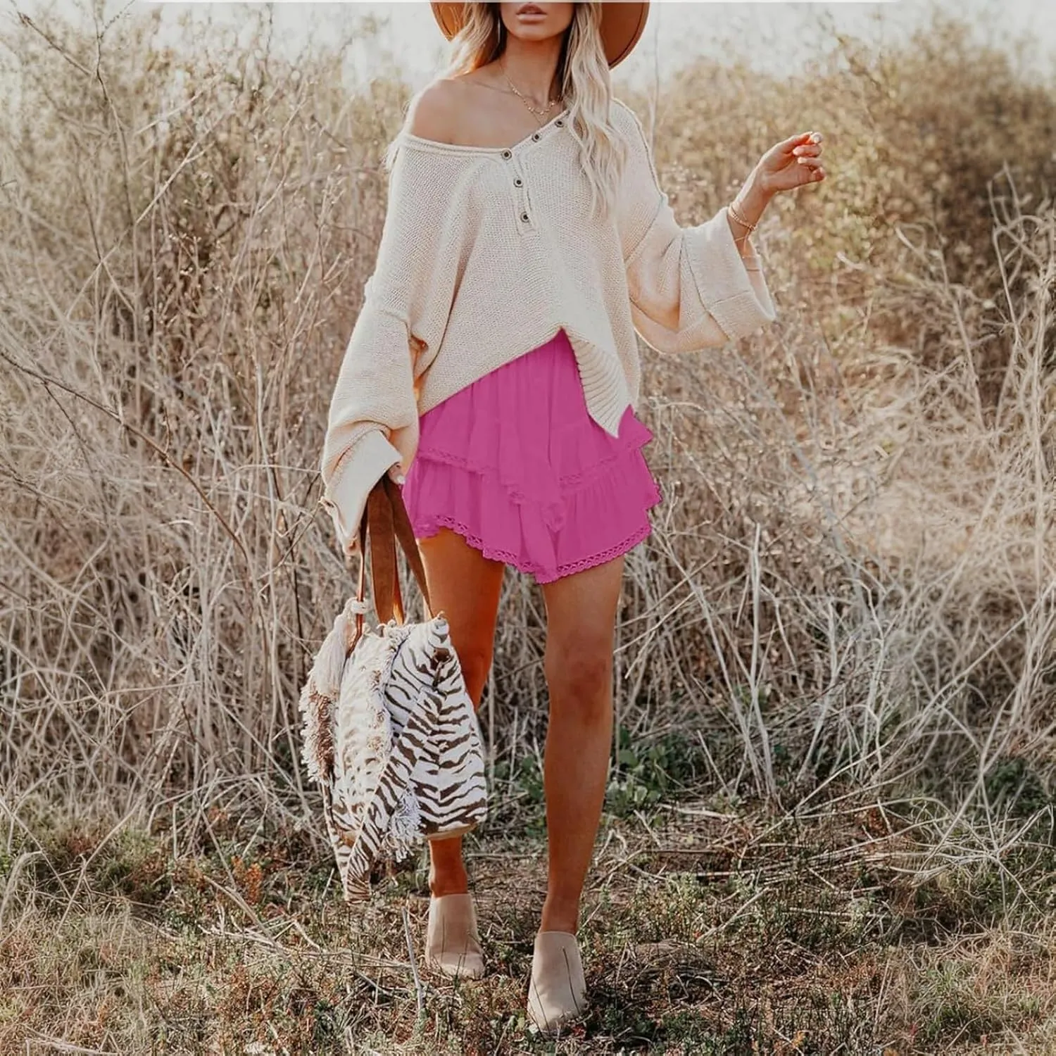 Women Flowy Shorts Casual Boho Ruffle Skirts Cute Crochet Tiered Skorts Summer Mini Skirt with Shorts Y2K Skirt